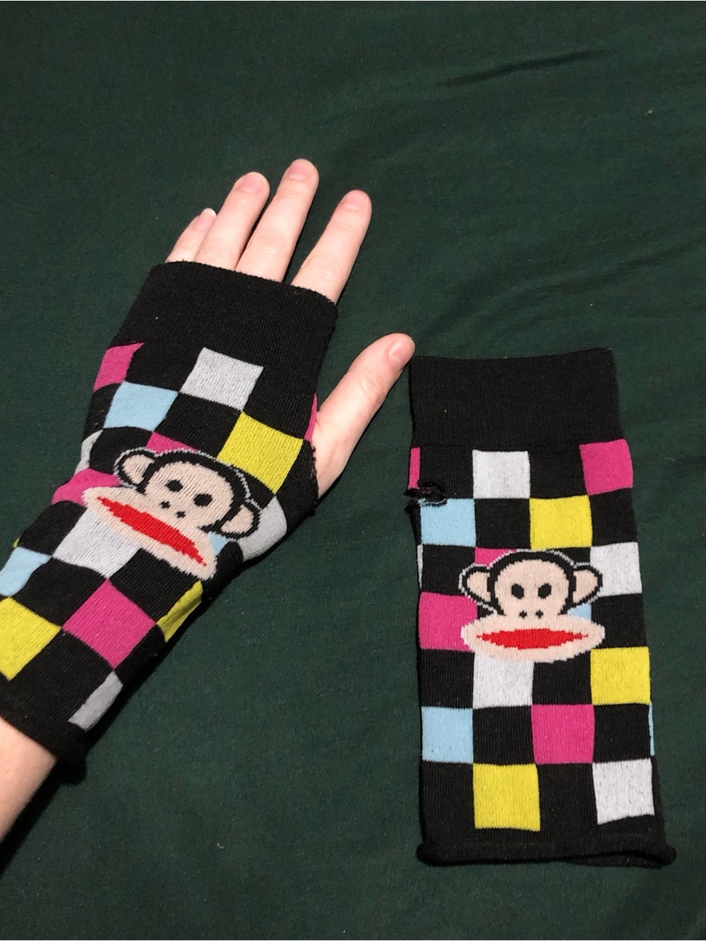 Paul Frank Black Multicolor Check Fingerless Gloves with Monkey Motif